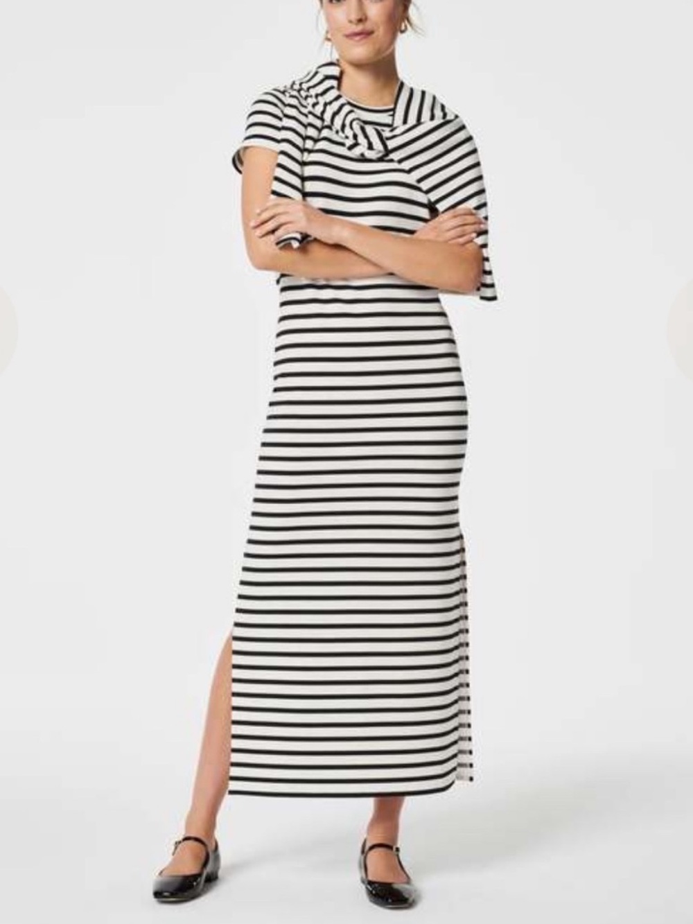 SPANX Air Essentials Black and White Striped Short-Sleeve Maxi Dress